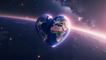 Naklejka premium Heart-shaped Earth drifting in space with the Milky Way, universal love