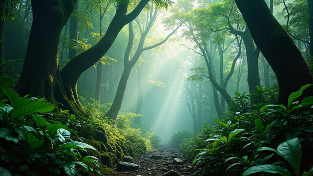 The image shows a lush green forest with sunlight streaming through the trees and plants