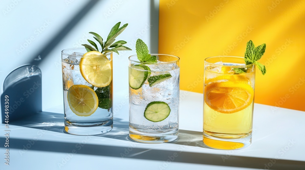 Poster refreshing summer drinks with citrus and mint on colorful background