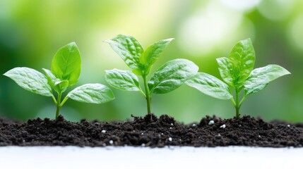 Three young sprouts emerge from soil, bathed in soft light.  Healthy growth, fresh start, new beginnings