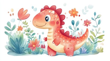 Cute dinosaur in a floral garden (6)