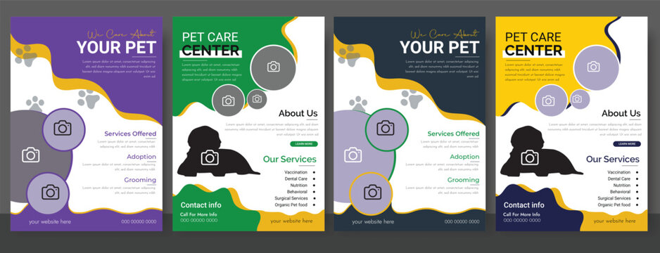 Pet care center flyer design template or pet adoption poster design. Professional Pet Clinic Flyer Vet and Animal Care Animal Rescue and Charity Flyer. Set of pet care promotion banner social media .