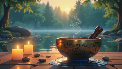 Serene singing bowl in tranquil pond at sunrise, meditative calmness