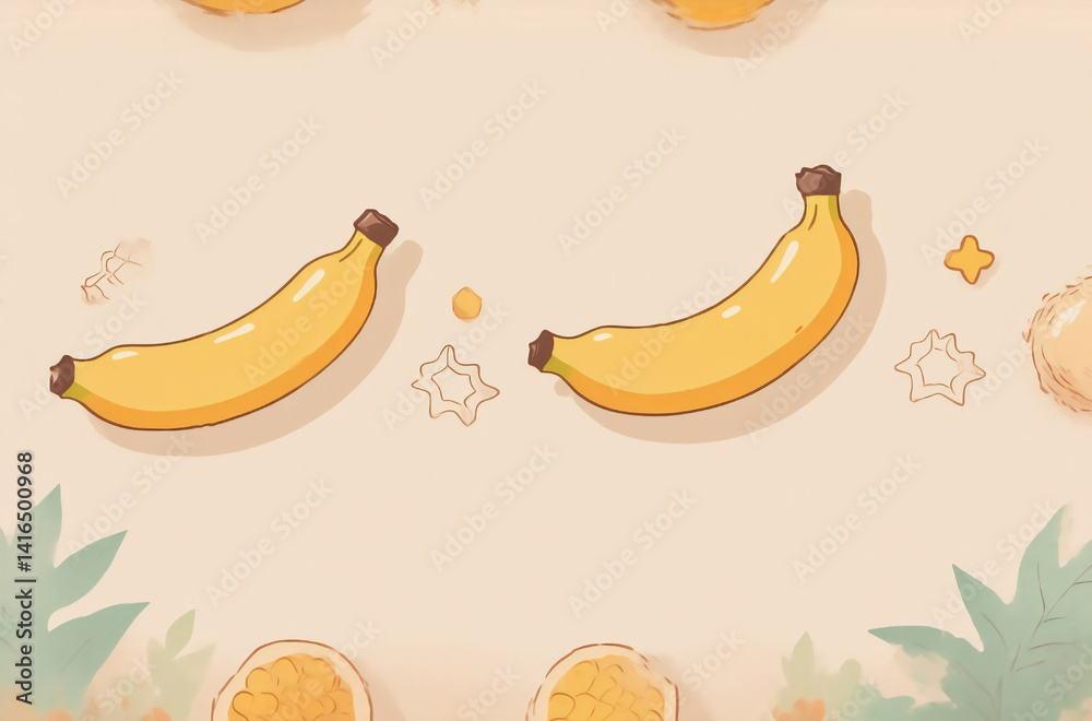 Poster a cheerful illustration features two ripe bananas as the focal point, surrounded by sliced oranges a