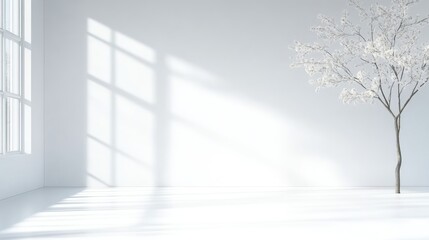 Modern minimalist interior, bright and airy. Sunlight streams through large window, casting shadows on walls. Small tree in the corner