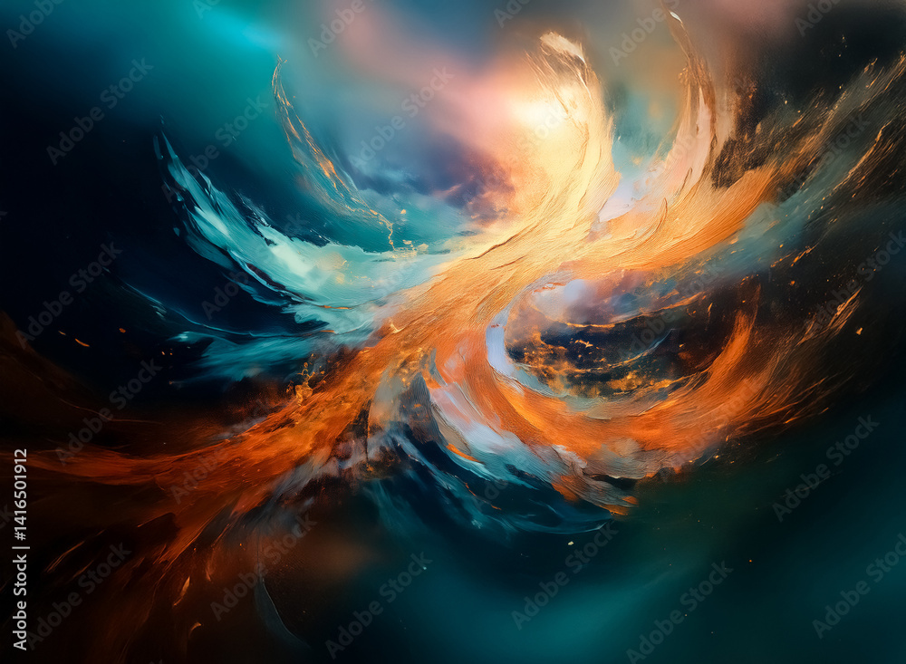 Aufkleber Here's a description of the image:

This image shows a vibrant, abstract, swirling composition with dynamic forms and a celestial appearance. Dominant colors include warm oranges and cool teals, creat