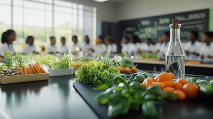 Fresh Produce on Laboratory Table with Students in Lab Coats Engaged in Food Science Experiment in Modern Educational Setting for Biology Class