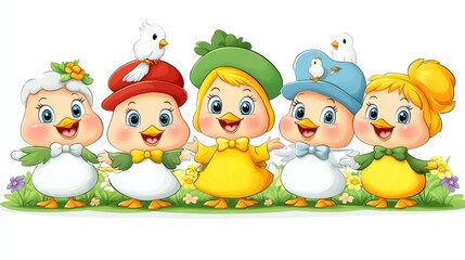 Fototapeta premium Delightful gathering of charming chicks wearing whimsical hats amidst a vibrant floral meadow embodying springtime merriment and joyous companionship
