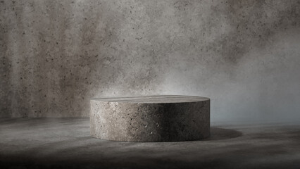 Moody product display pedestal made of rough concrete or stone. Minimalist stage with atmospheric lighting against a textured grey background. Ideal for natural products or raw aesthetic concepts.