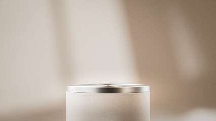 Close-up of modern pedestal top with brushed metal lid on textured base. Minimalist composition with soft shadows on neutral background. Ideal for premium product mockup or abstract detail.