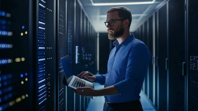 IT admin with laptop inside server room