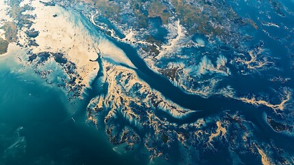 Aerial View of Coastal Fjord Landscape: A Stunning Teal and Beige Tapestry