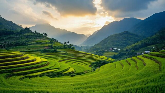 Golden Hour Serenity: Lush Vietnamese Rice Terraces and Majestic Mountains