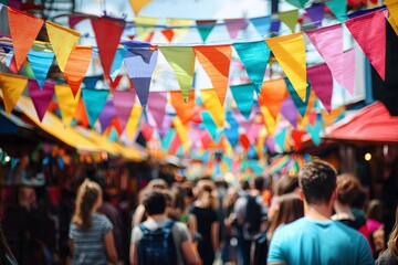 Obraz premium Colorful Flags and Banners Create Vibrant Atmosphere in Outdoor Market with Blur of People Walking Through on a Sunny Day