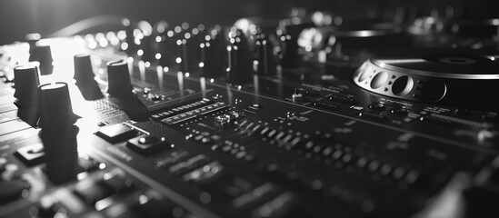 Monochrome closeup of a DJ mixer console with knobs and light, creating a depth
