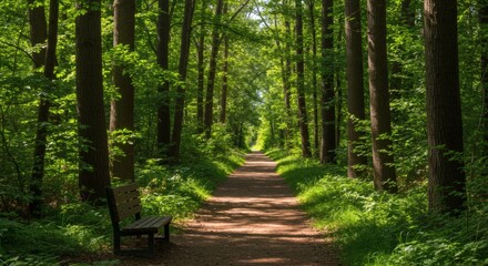 Walking Path Through Lush Green Forest with a Bench Alongside