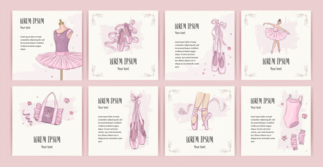 Hand drawn sketch ballet square banner, cover, greeting card set. Classical ballet studio flyer or social media post design template. Vector illustration of ballerina and ballet studio elements © AM_art