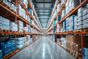 Vast Warehouse Interior with Organized Aisles of Shelving Units Filled with Packages and Supplies for Efficient Inventory Management and Storage Solutions