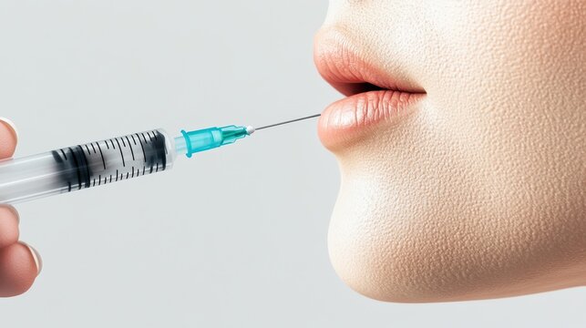 Close-up of a hand using a sye to inject a cosmetic filler into the lower lip of a patient for aesthetic enhancement and beauty treatment procedures