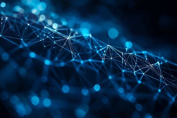 Abstract technology background with interconnected dots and lines forming a network in vibrant blue tones against a dark backdrop, suitable for futuristic themes