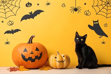 Halloween background with pumpkin and black cat