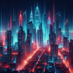 Obraz premium Night cityscape with glowing skyscrapers. Futuristic digital art with neon lights, red and blue colors creates modern urban architecture scene.