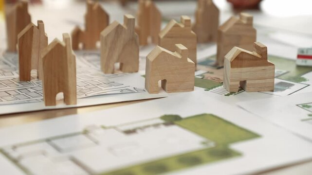 Architect and engineer discuss about building blueprint on table with architectural document, measurement tools scatter around at office, use wooden block for house positioning. Closeup. Delineation.