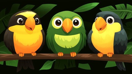 Fototapeta premium Pixelated aviary harmony three playful tropical birds perched branch vibrant feather patterns detailed plumage enchanting pixel art illustration