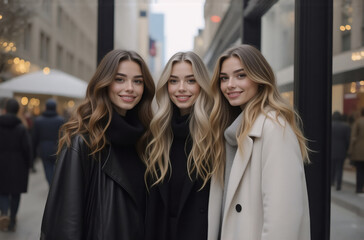 Three young women with long, wavy hair stand close together on a city street, smiling for a photo. They wear stylish winter coats.
