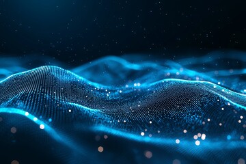 Abstract visualization of deep ocean waves with glowing particles creating a captivating underwater scene full of light and movement in a digital environment