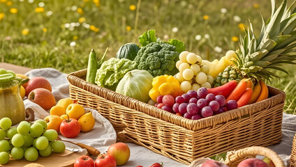 Healthy picnic basket filled with fresh fruits and vegetables including grapes, pineapple, lettuce, carrots, and apples on a sunny outdoor setting with vibrant nature background

