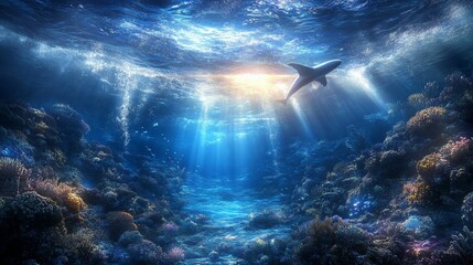 Fototapeta premium UnderwaterMystiqueofDeepSeaLifeExploringLuminousOceanDepthsRevealingMarineBiodiversityCreaturesandSunlitRaysAdventuresintheAquaticWorldExploringCoralReefs