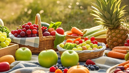 Abundant picnic spread with fresh fruits and vegetables including grapes, apples, pineapple, carrots, and leafy greens on a blanket in nature with warm sunset light