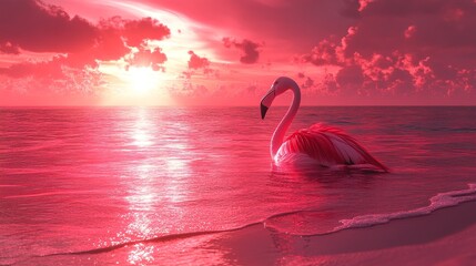 Fototapeta premium Crimson flamingo basking in the ocean's glow at sunset a serene tropical getaway with vibrant magenta hues casting a pink paradise scene