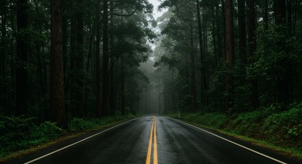 Fototapeta premium Driving Through a Dark, Wet Forest Road with Fog and Trees