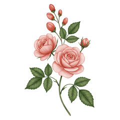 Watercolor Botanical Illustration of Pink Roses with Buds and Green Leaves
