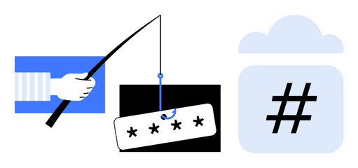 Phishing attempt with a hand holding a fishing rod hooked to a password key near a cloud with a metadata tag. Ideal for cybersecurity awareness, data protection, online threats, ethical hacking