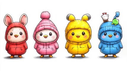 Fototapeta premium Charming watercolor avatars featuring vibrant animals in cute winter hoodies perfect for profile pictures or seasonal greetings and creative project