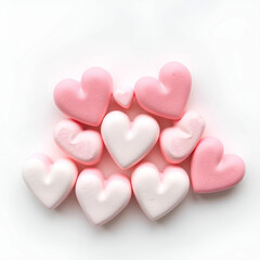 Fototapeta premium Close up of heart shape marshmallows over white background
