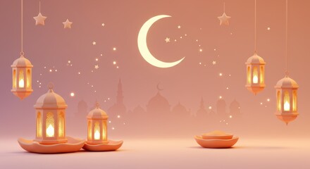 Crescent moon and lanterns over mosque silhouette at sunset