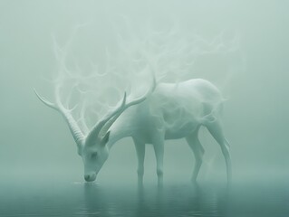 Obraz premium Mystical Deer Drinking Water in Foggy Surreal Environment