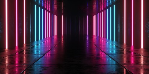 Isolated in white background,3d render, abstract neon background, pink blue lights isolated on black, reflecting floor