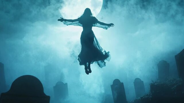 A woman in a black dress is flying through the air. The sky is dark and the trees are tall. Scene is eerie and mysterious