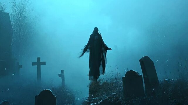 A woman in a black dress is flying through the air. The sky is dark and the trees are tall. Scene is eerie and mysterious