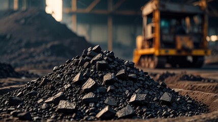 Pile fresh coal mined at industrial plant with blurred background. Energy source, carbon fuel for heating, power generation.