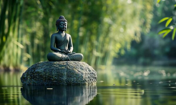 buddha statue on a rock in a blurred green bamboo jungle with smooth water surface