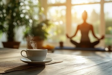 Steaming coffee, yoga silhouette, and sunlight create a peaceful scene. Ideal for illustrating healthy habits, relaxation, and mindful mornings.