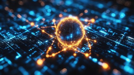 Global Network Connection Futuristic Digital Sphere on Circuit Board