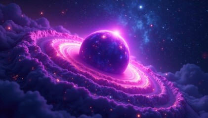 Glowing purple planet amidst swirling vortex of cosmic energy, stars, planets