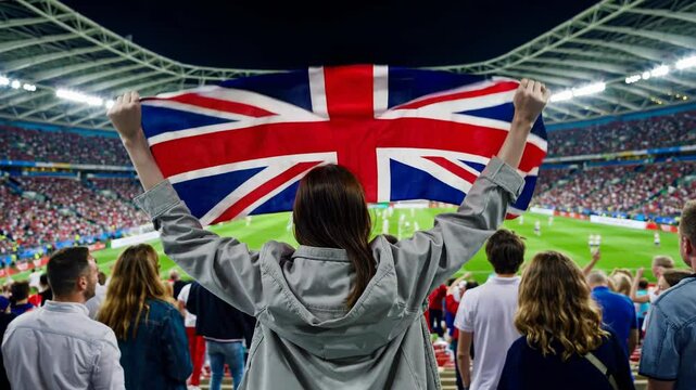 Crowd cheering at night football match with union jack flags in stadium